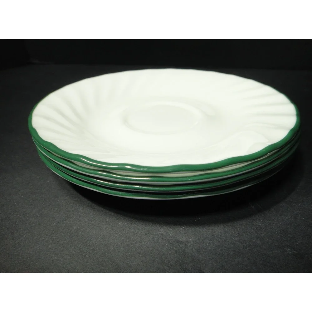 Corelle Corning Emerald Swirl Saucers Set of 4 White Green Trim Scalloped 6